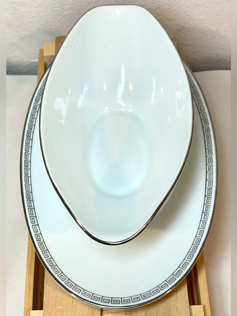 Noritake “Silver Key” White Ceramic Gravy Boat w Greek Key Border Silver Edging